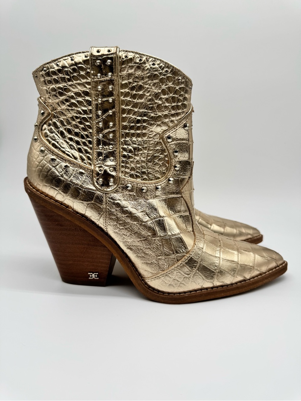 Sam Edelman Metallic Gold Croc Embossed Western Ankle Boots Studded Block Heel